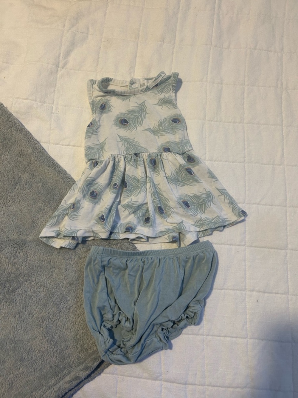 Angel Dear White Peacock Feather Print Dress with Light Blue Bloomers